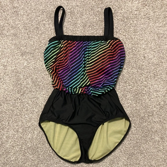Vintage Ceeb gold label blouson one piece swimsuit rainbow stripe - Picture 1 of 16